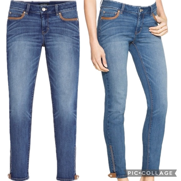 White House Black Market Vegan Leather Tipped Cropped Ankle Zip Skimmer Jeans - Picture 1 of 16